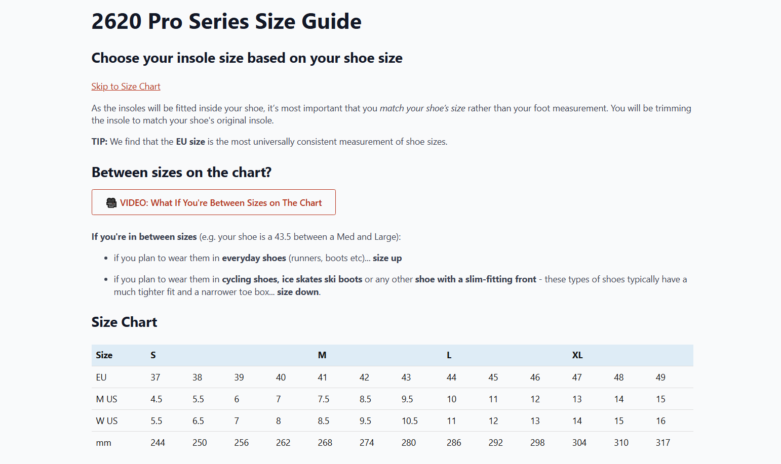 G8 Performance insole size guide